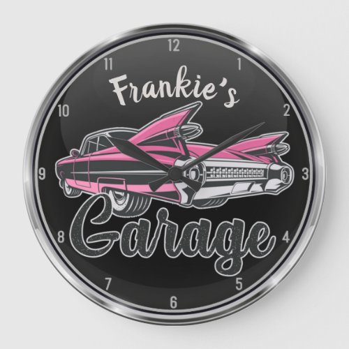 Retro NAME Pink Caddy Vintage Classic Car Garage  Large Clock
