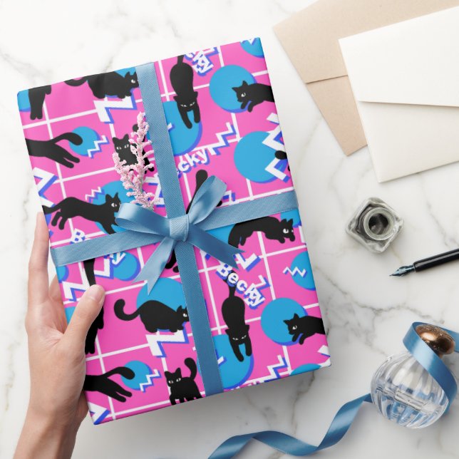 Retro Name Pink Geometric Memphis Pattern Cats  Wrapping Paper (Gifting)