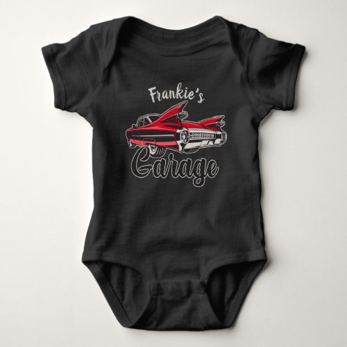 Retro NAME Red Caddy Vintage Classic Car Garage Baby Bodysuit