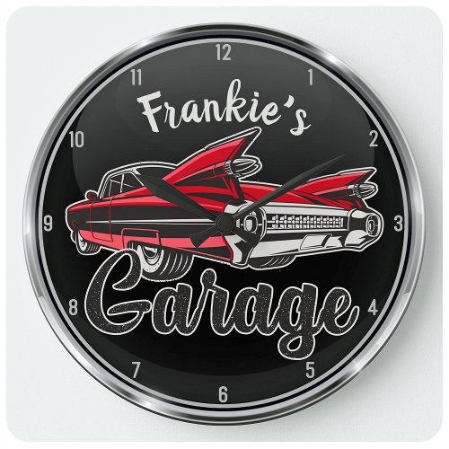 Retro NAME Red Caddy Vintage Classic Car Garage Large Clock