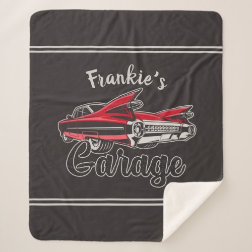 Retro NAME Red Caddy Vintage Classic Car Garage Sherpa Blanket