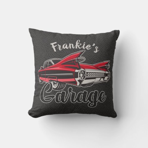 Retro NAME Red Caddy Vintage Classic Car Garage Throw Pillow