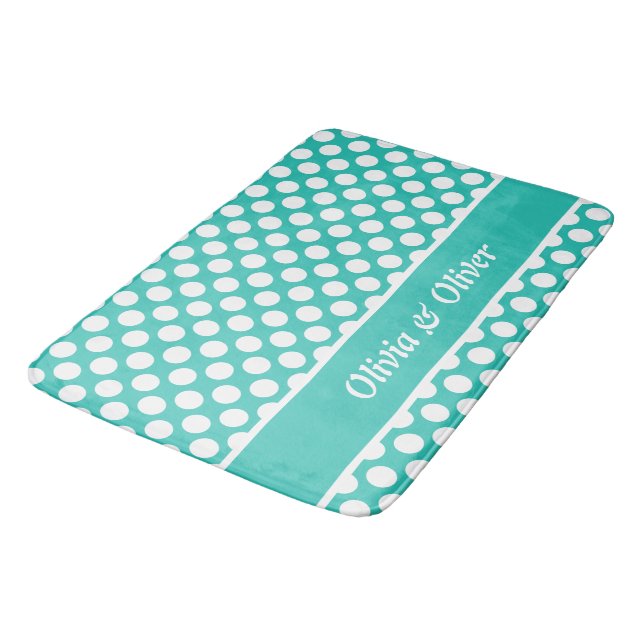 Retro Name Turquoise & White Polka Dot Pattern Bath Mat (Angled)