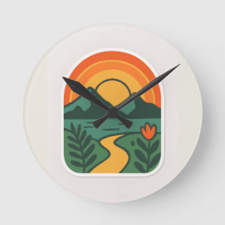 Retro Nature Sunset – Vintage Mountain Round Clock