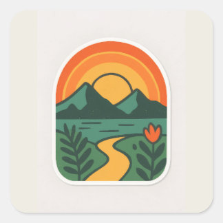 Retro Nature Sunset – Vintage Mountain Square Sticker