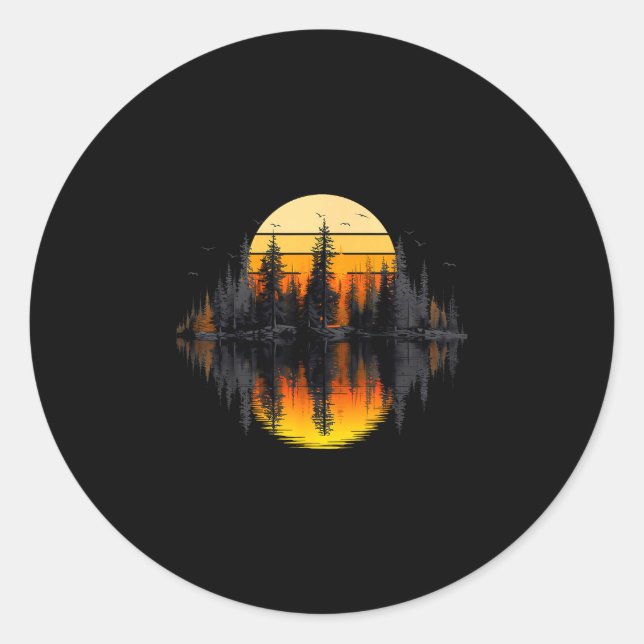Retro nature trees reflection sunset forest classic round sticker (Front)