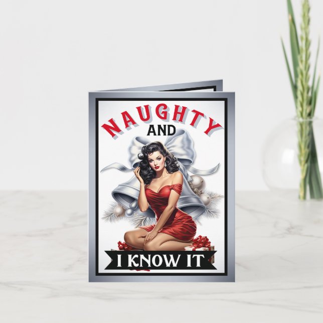 Retro Naughty and I know it Christmas Pinup Thank You Card (Front)
