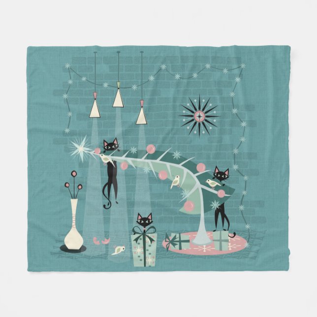 Retro Naughty Kitty Christmas ©studioxtine Fleece Blanket (Front (Horizontal))