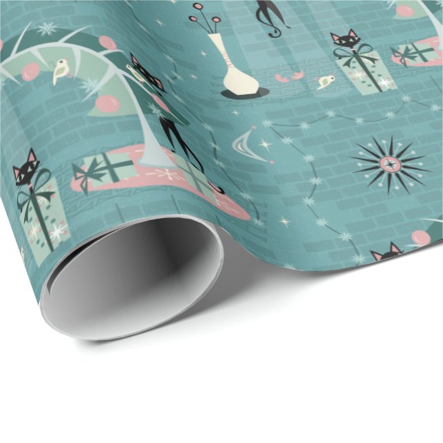 Retro Naughty Kitty Christmas Wrapping Paper (Roll Corner)