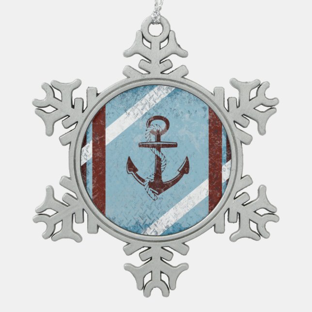 Retro Nautical Anchor Red Blue Grunge Distressed Snowflake Pewter Christmas Ornament (Front)
