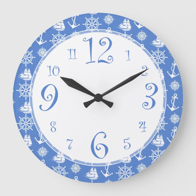 Retro Nautical Blue and White Kitchen Clock (Front)