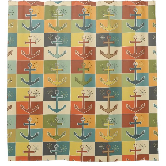 Retro Nautical Modern Anchor Pattern  Shower Curtain (Front)