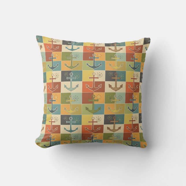 Retro Nautical Modern Anchor Pattern  Throw Pillow (Front)