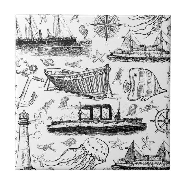 Retro Nautical Pattern Ceramic Tile (Front)