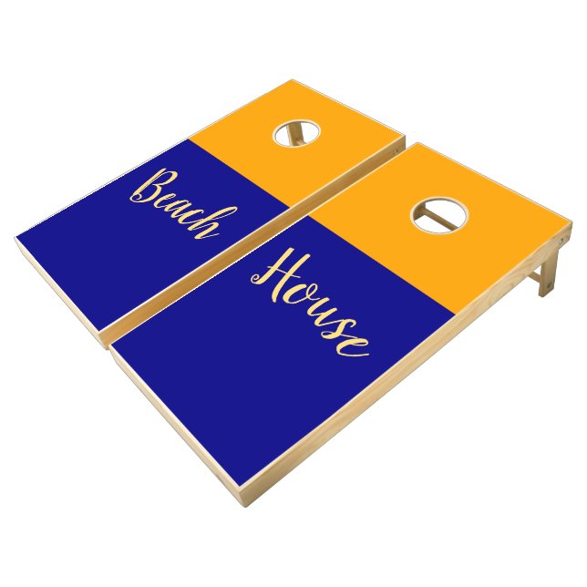 Retro Nautical Royal Blue Orange Beach House Text Cornhole Set (Angled)