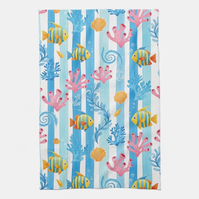 Retro Nautical Watercolor Pattern (11) Kitchen Towel (Vertical)