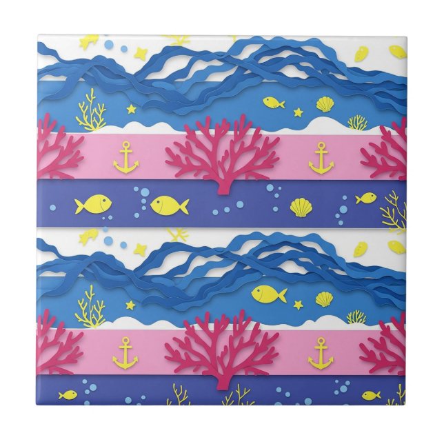 Retro Nautical Watercolor Pattern (13) Ceramic Tile (Front)