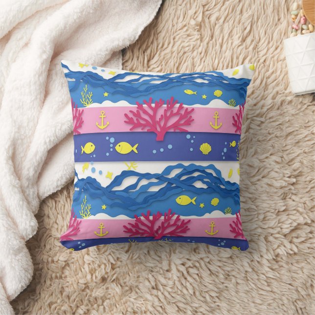 Retro Nautical Watercolor Pattern (13) Throw Pillow (Blanket)