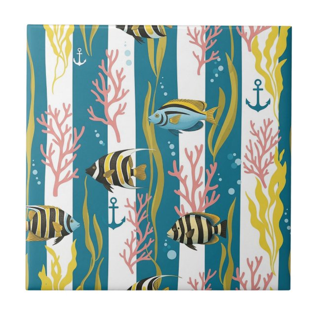 Retro Nautical Watercolor Pattern (14) Ceramic Tile (Front)