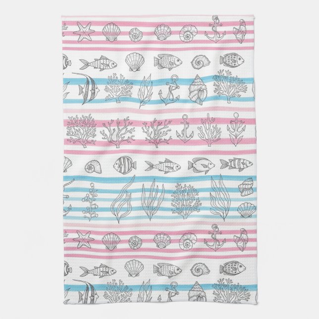 Retro Nautical Watercolor Pattern (15) Kitchen Towel (Vertical)