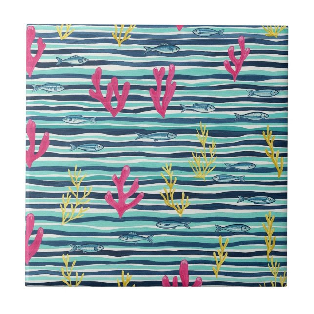 Retro Nautical Watercolor Pattern (1) Ceramic Tile (Front)