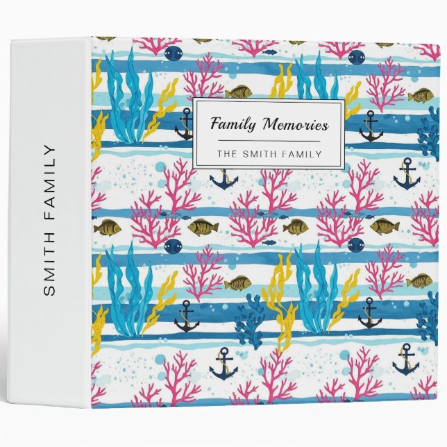 Retro Nautical Watercolor Pattern (2) 3 Ring Binder (Front/Spine)