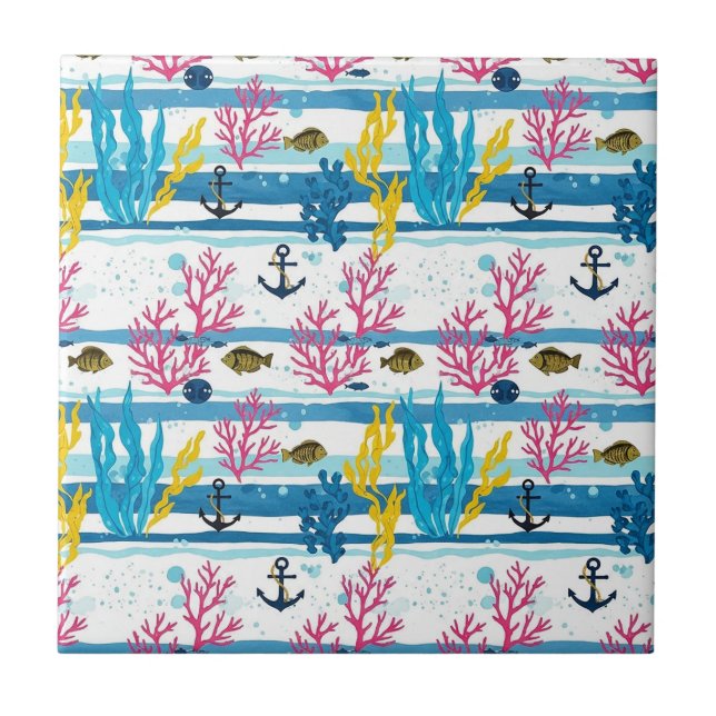 Retro Nautical Watercolor Pattern (2) Ceramic Tile (Front)