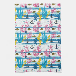 Retro Nautical Watercolor Pattern (2) Kitchen Towel