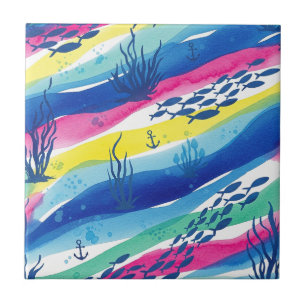 Retro Nautical Watercolor Pattern (3) Ceramic Tile
