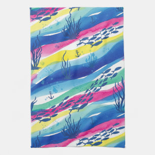 Retro Nautical Watercolor Pattern (3) Kitchen Towel