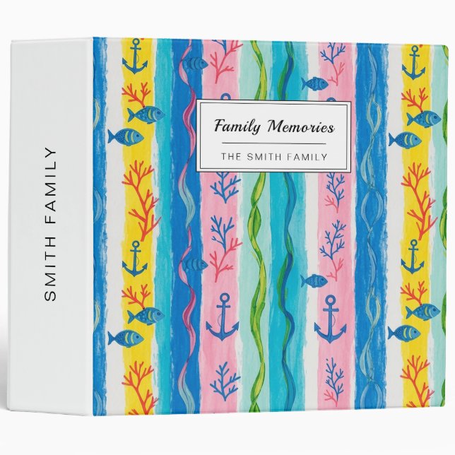 Retro Nautical Watercolor Pattern (4) 3 Ring Binder (Front/Spine)