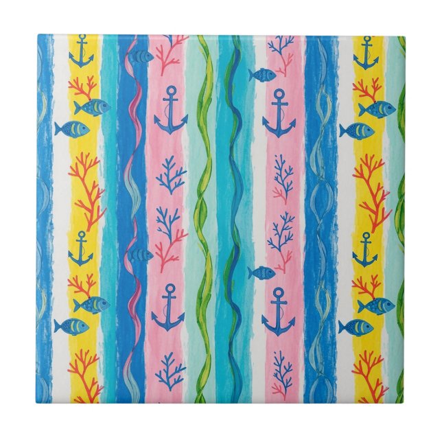 Retro Nautical Watercolor Pattern (4) Ceramic Tile (Front)