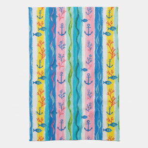 Retro Nautical Watercolor Pattern (4) Kitchen Towel