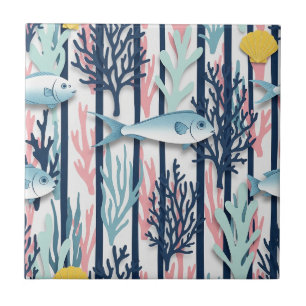 Retro Nautical Watercolor Pattern (6) Ceramic Tile