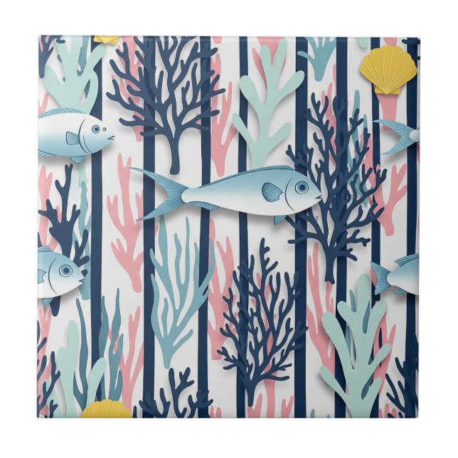 Retro Nautical Watercolor Pattern (6) Ceramic Tile (Front)