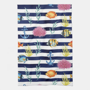 Retro Nautical Watercolor Pattern (8) Kitchen Towel