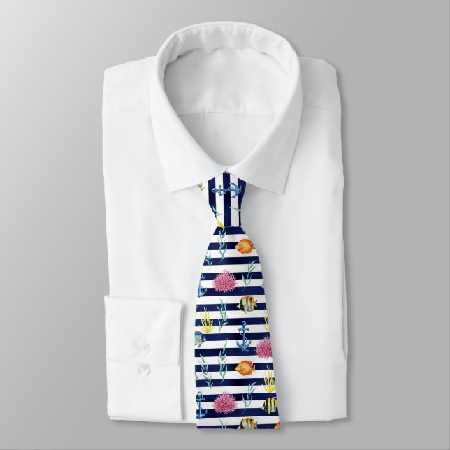 Retro Nautical Watercolor Pattern (8) Neck Tie (Tied)