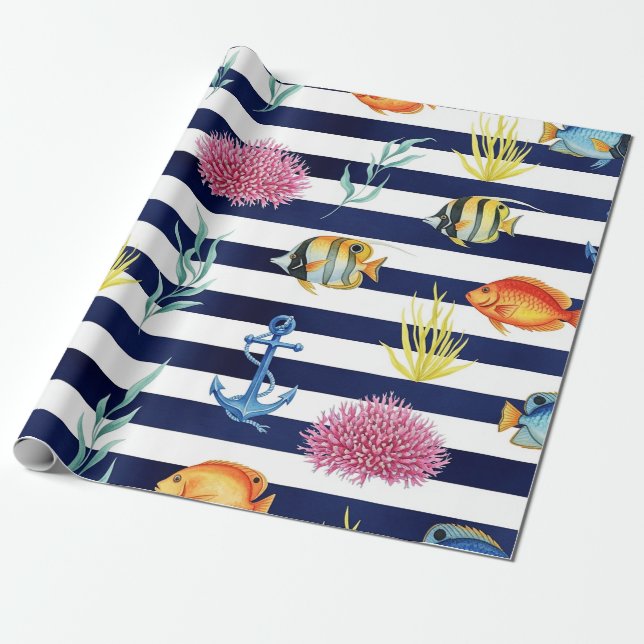 Retro Nautical Watercolor Pattern (8) Wrapping Paper (Unrolled)