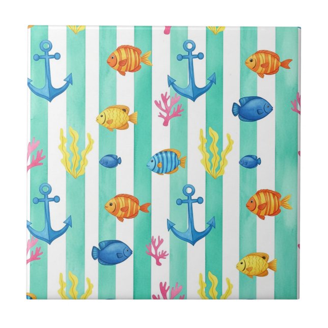 Retro Nautical Watercolor Pattern (9) Ceramic Tile (Front)
