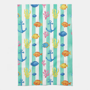 Retro Nautical Watercolor Pattern (9) Kitchen Towel