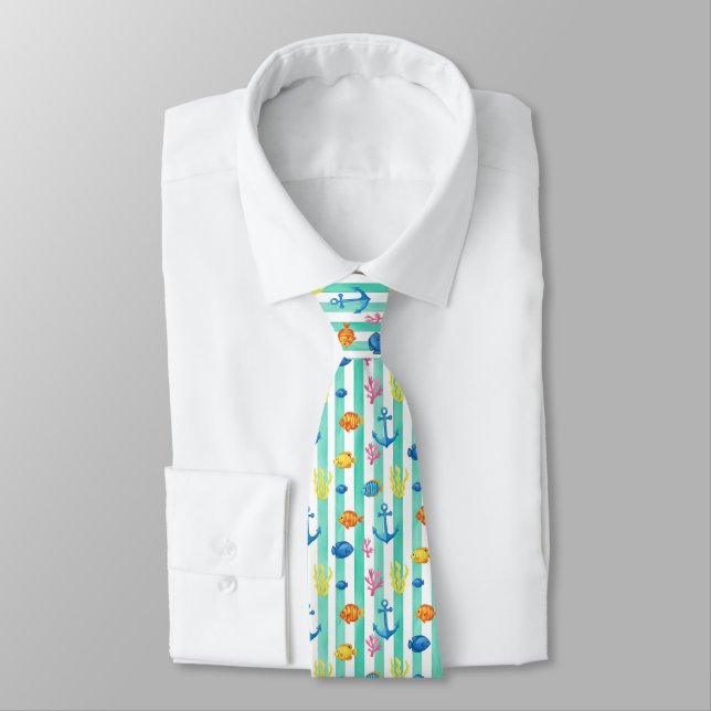 Retro Nautical Watercolor Pattern (9) Neck Tie (Tied)