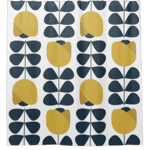 Retro Navy and Yellow Floral Pattern Shower Curtain