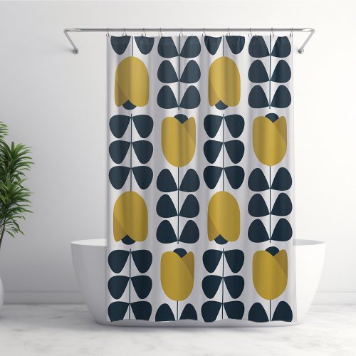 Retro Navy and Yellow Floral Pattern Shower Curtain