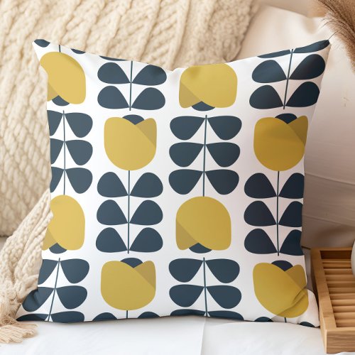 Retro Navy and Yellow Floral Pattern Throw Pillow