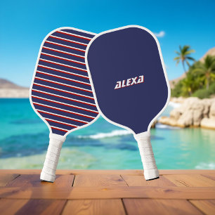Retro Navy Blue 70s Inspired Striped Spring Summer Pickleball Paddle