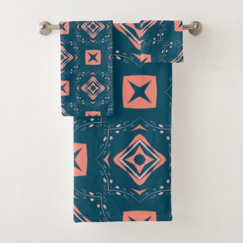Retro navy blue and peach pink abstract ornaments  bath towel set