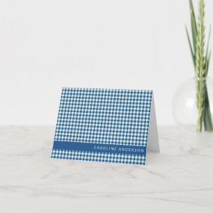 Retro Navy Blue Gingham Plaid Personalized Name Note Card
