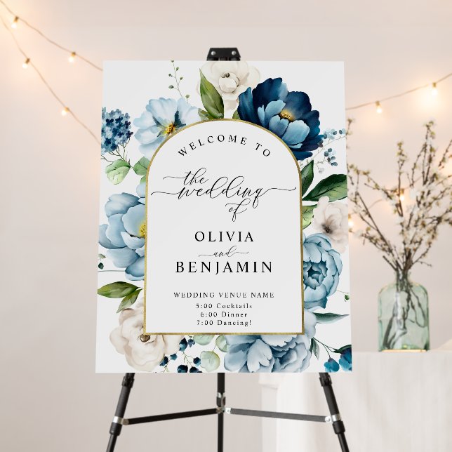 Retro Navy Blue Gold Arch Wedding Welcome Sign (In Situ (Stand))