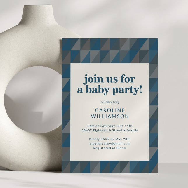 Retro Navy Blue Gray Geometric Baby Shower Invitation (Creator Uploaded)