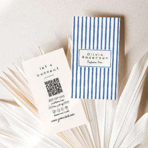 Retro Navy Blue Hand Drawn Stripes QR Code Unique Business Card
